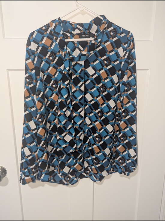 Nine West Tops - Nine West Blue Geometric Tie-Neck Blouse